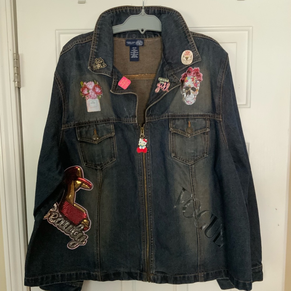 Beautiful revamped Venezia dark denim jacket with custom patch work.EUC - Picture 1 of 12